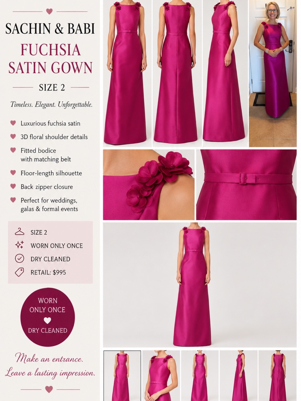 ✨ Sachin & Babi Fuchsia Satin Gown – Size 2 | Worn Once | Dry Cleaned | Retail $
